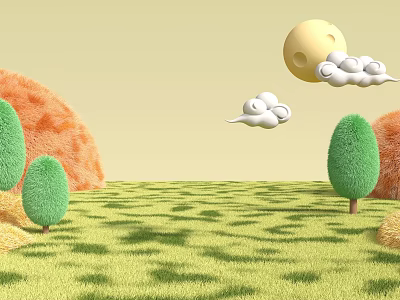 Scenic Natural Landscape With Green Grassland Orange Hills Trees Yellow Moon And White Clouds 3d model