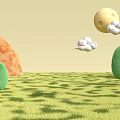 Scenic Natural Landscape With Green Grassland Orange Hills Trees Yellow Moon And White Clouds