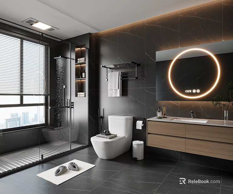 Modern Bathroom With Round Backlit Mirror Black Tile Walls And Glass Shower Enclosure 3d model 