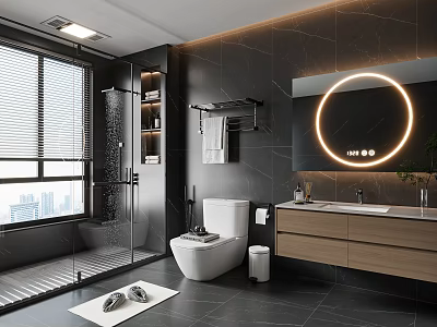 Modern Bathroom With Round Backlit Mirror Black Tile Walls And Glass Shower Enclosure 3d model