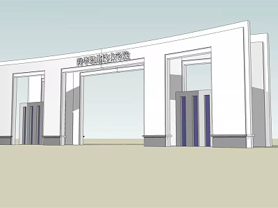 Modern Entrance Gate Design With White Facade Glass Doorways And Columns 3d model