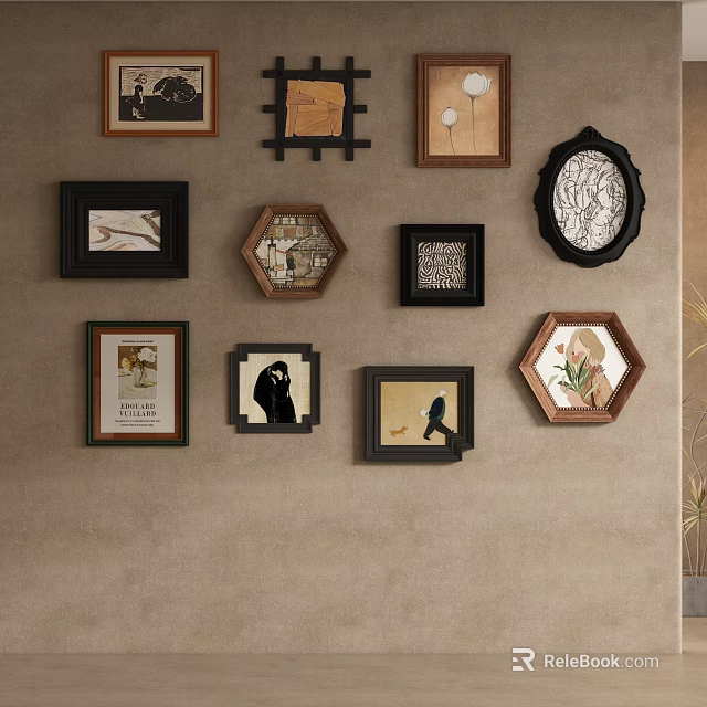 Gallery Wall With Various Shaped Frames And Decorative Artworks On Beige Wall 3d model