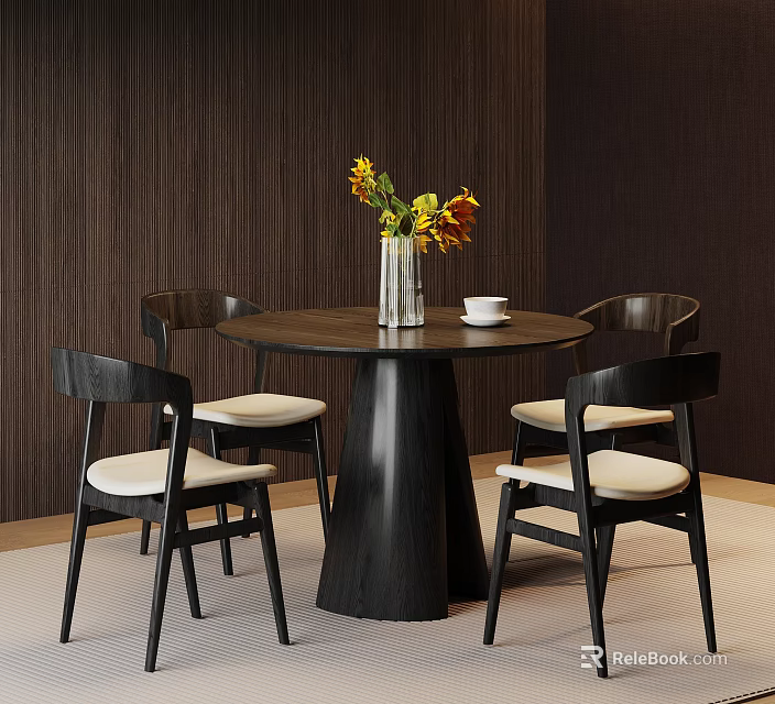 Elegant Round Negotiation Table With Four Chairs And Vase On Wooden Textured Walls 3d model 