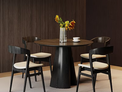Elegant Round Negotiation Table With Four Chairs And Vase On Wooden Textured Walls 3d model