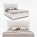 Modern Ivory Tufted Headboard Double Bed With Soft Mattress And Linen Pillows