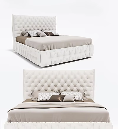 Modern Ivory Tufted Headboard Double Bed With Soft Mattress And Linen Pillows 3d model