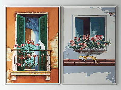 Artistic Paintings Featuring Windows with Green Blue Shutters Red Flowers White Cat and Tiger 3d model