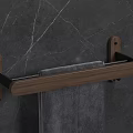 Sleek Bathroom Towel Rack With Wooden Bar And Metal Frame Mounted On Marble Wall
