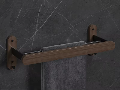 Sleek Bathroom Towel Rack With Wooden Bar And Metal Frame Mounted On Marble Wall 3d model