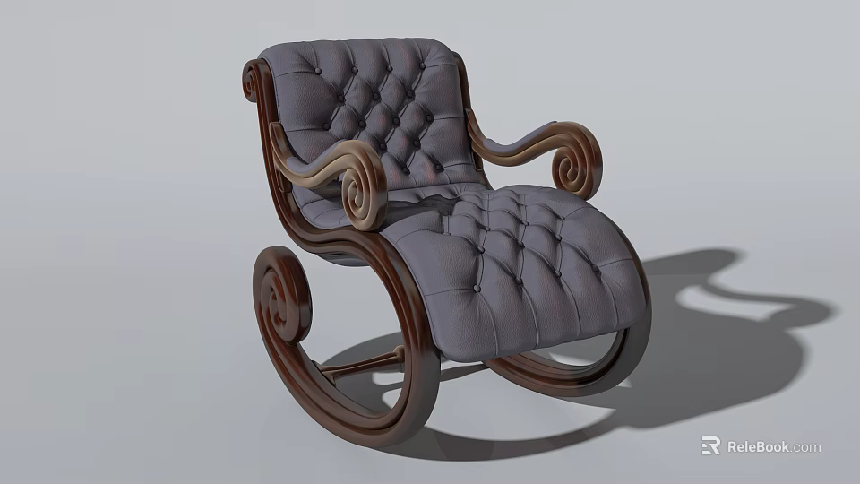 Gray Tufted Rocking Recliner With Curved Wooden Arms And Comfortable Upholstery 3d model 
