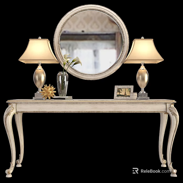 Elegant Console Table Setup with Round Mirror Table Lamps Vase and Photo Frame 3d model