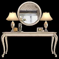 Elegant Console Table Setup with Round Mirror Table Lamps Vase and Photo Frame 3d model
