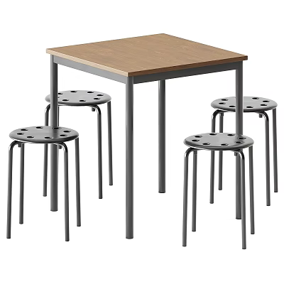 Table and Stools Set with Square Wooden Tabletop Gray Metal Frame and Four Perforated Stools 3d model