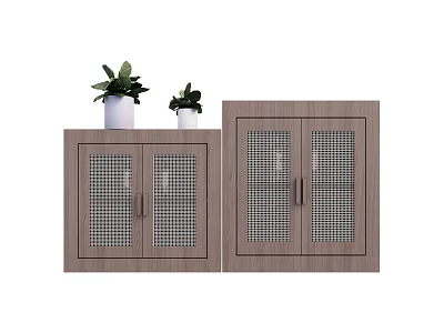 Two Wooden Sideboards With Lattice Doors And Green Plants On Top 3d model