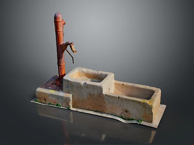 Old Red Water Pump With Double Stone Sink And Concrete Base 3d model