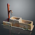 Old Red Water Pump With Double Stone Sink And Concrete Base 3d model