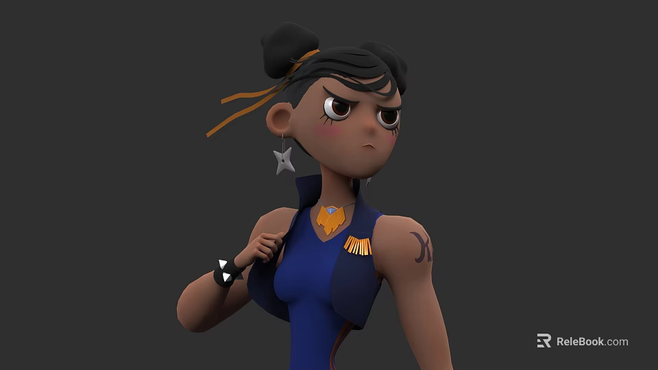 Game And Movie Character With Black Bun Hairstyle Yellow Headband And Blue Sleeveless Top 3d model 