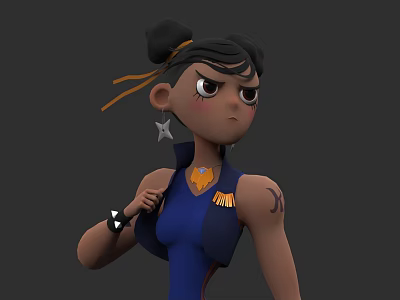 Game And Movie Character With Black Bun Hairstyle Yellow Headband And Blue Sleeveless Top 3d model