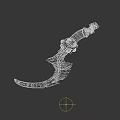 Ornate Curved Blade Weapon With Red Hilt Wooden Carved Edge And Decorative Metal Accents
