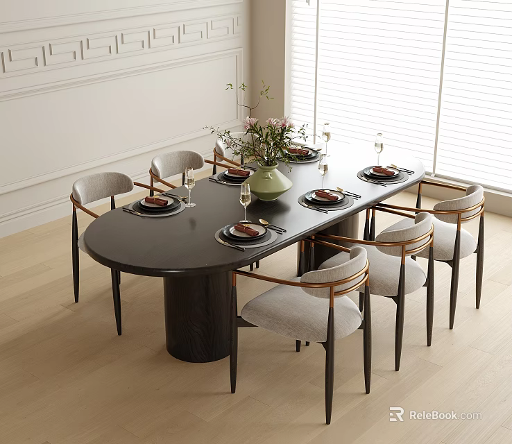 Modern Dining Table And Chairs Set With Oval Black Top Light Gray Seats And Green Vase 3d model 