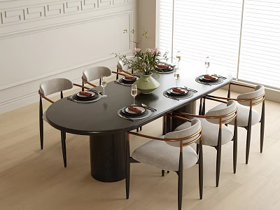 Modern Dining Table And Chairs Set With Oval Black Top Light Gray Seats And Green Vase 3d model