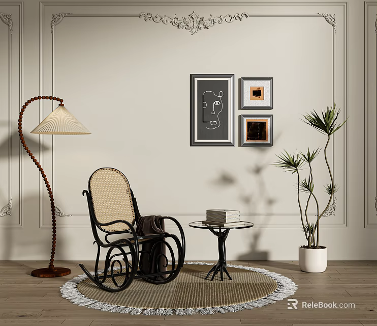 Wicker Leisure Rocking Chair With Floor Lamp Small Coffee Table Decorative Paintings And Potted Plant 3d model 