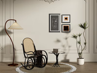 Wicker Leisure Rocking Chair With Floor Lamp Small Coffee Table Decorative Paintings And Potted Plant 3d model