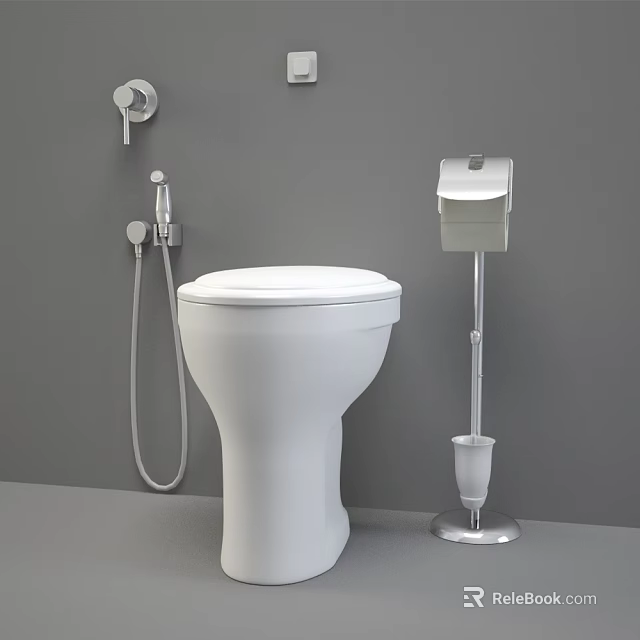 White Modern Toilet With Bidet Spray And Toilet Brush Holder On Gray Wall Background 3d model 