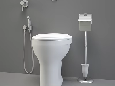 White Modern Toilet With Bidet Spray And Toilet Brush Holder On Gray Wall Background 3d model