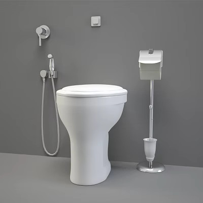 White Modern Toilet With Bidet Spray And Toilet Brush Holder On Gray Wall Background 3d model