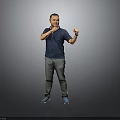 Man In Dark Blue Shirt Gray Pants Posing With Boxing Gestures On Gray Background