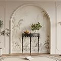 Elegant Console Table Design With Tropical Wall Mural Potted Plants And Floor Lamp