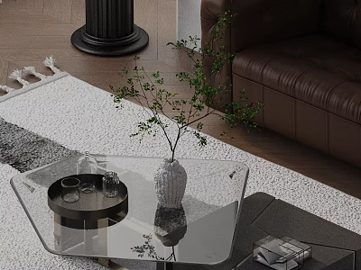 Brown Leather Sofa and Glass Coffee Table Set With Vase Glasses Green Plant on Rug 3d model
