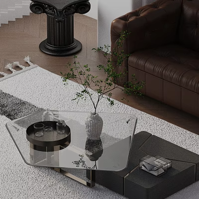 Brown Leather Sofa and Glass Coffee Table Set With Vase Glasses Green Plant on Rug 3d model