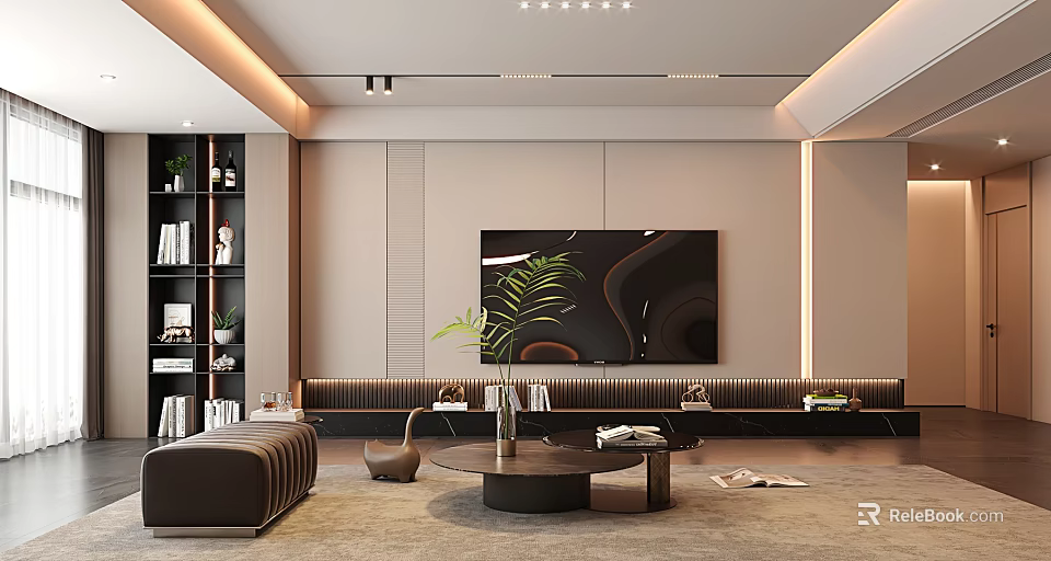 Modern Living Room Interior Design With TV Wall Bookshelf Sofa And Green Plants 3d model 