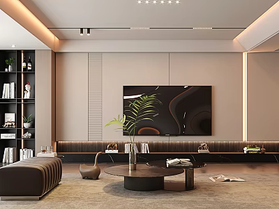 Modern Living Room Interior Design With TV Wall Bookshelf Sofa And Green Plants 3d model