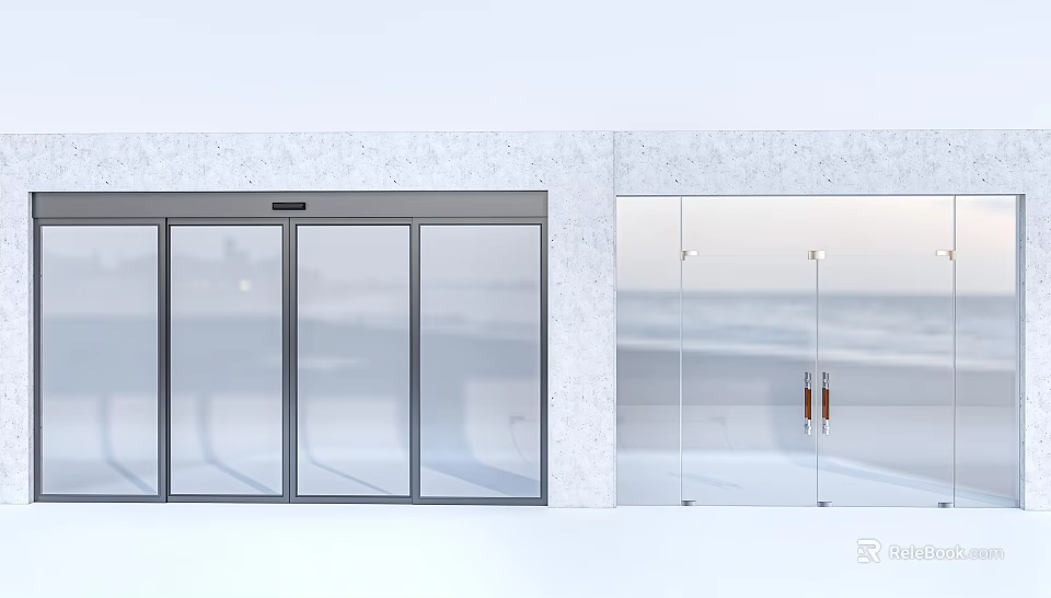 Contemporary Sliding Glass Doors On White Textured Wall With Sea View Glass Door 3d model 