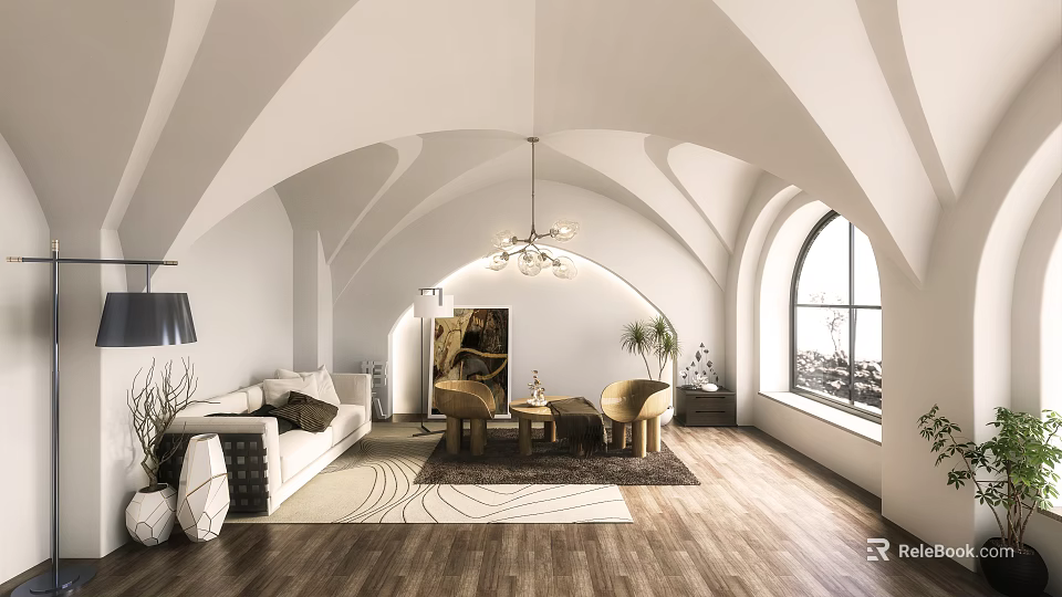 Modern Living Room with Arched Ceiling Chandelier Sofa Coffee Table and Floor to Ceiling Window 3d model 