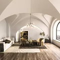 Modern Living Room with Arched Ceiling Chandelier Sofa Coffee Table and Floor to Ceiling Window