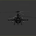 Blue Military Helicopter Model with Multiple Rotors Yellow Markings Weapons on Dark Background Reflection