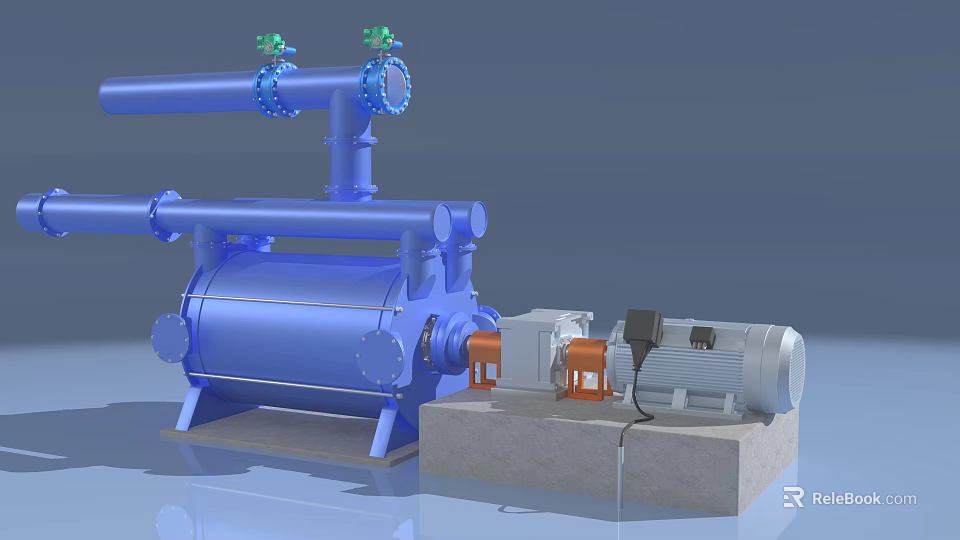 Blue Industrial Pump Equipment With Pipes Motor And Concrete Base Structure 3d model 