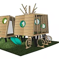 Wooden Playground Structure With Branch Decor Green Circular Windows And Climbing Rings