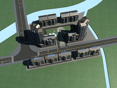 Modern Commercial Complex Aerial View With Central Plaza Green Spaces And Roads 3d model