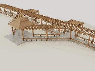 Wooden Pergola And Pavilion Structure With Corridor Railings And Roof Frames 3d model