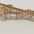 Wooden Pergola And Pavilion Structure With Corridor Railings And Roof Frames