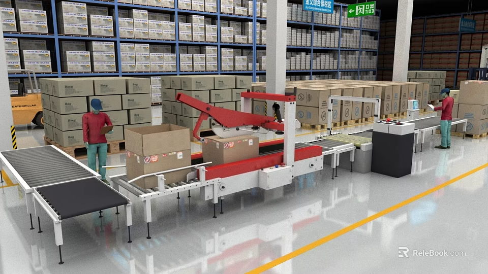 Industrial Equipment in Warehouse Packaging Line with Conveyor Belt and Automated Box Sealing Machine 3d model 