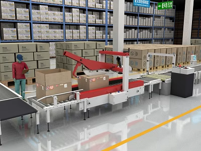 Industrial Equipment in Warehouse Packaging Line with Conveyor Belt and Automated Box Sealing Machine 3d model