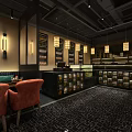 Modern Restaurant Interior With Orange Chairs Chandeliers And Wine Racks