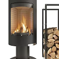 Modern Black Fireplace With Glass Door And Flame Next To Metal Rack With Stacked Firewood