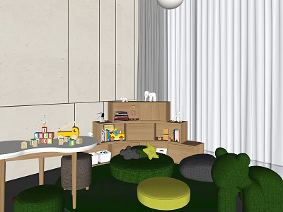 Children's Play Study Table With Toy Shelf Building Blocks And Green Cushions In Kids Room 3d model